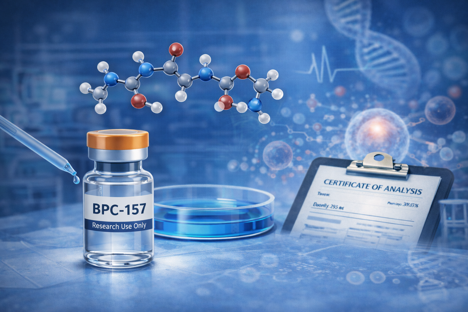 BPC-157 research peptide illustrated with molecular structure and laboratory analysis elements