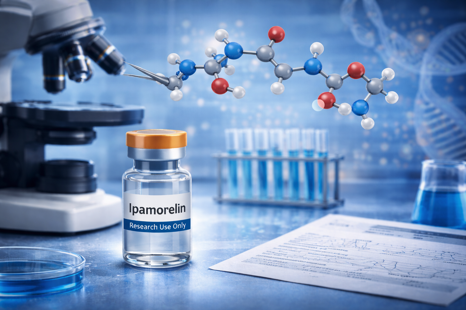 Ipamorelin research peptide vial in a laboratory setting with molecular structure illustration and analytical documentation