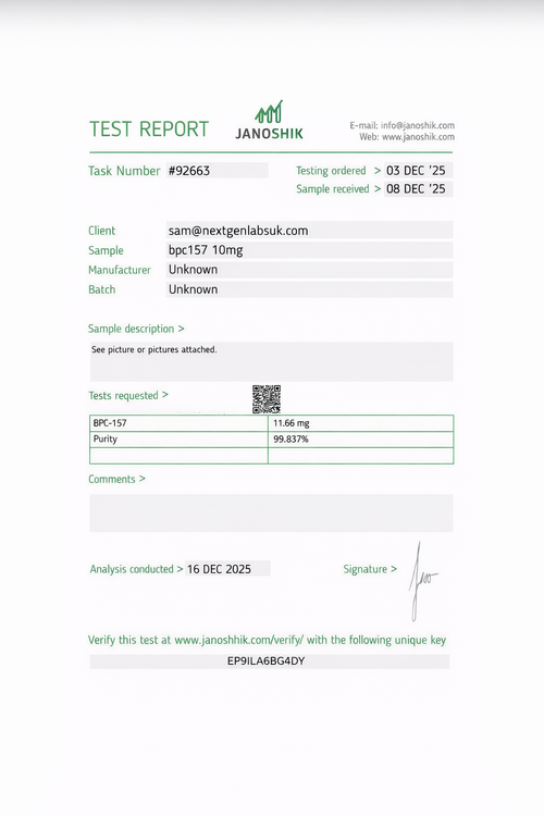 Certificate of Analysis for BPC-157 10mg tested by Janoshik