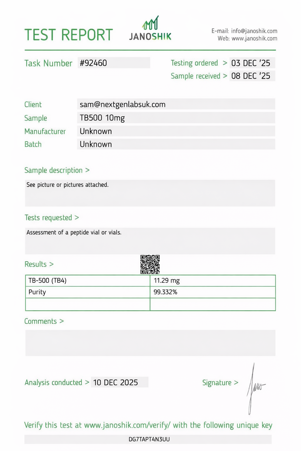 Certificate of Analysis for TB-500 10mg tested by Janoshik
